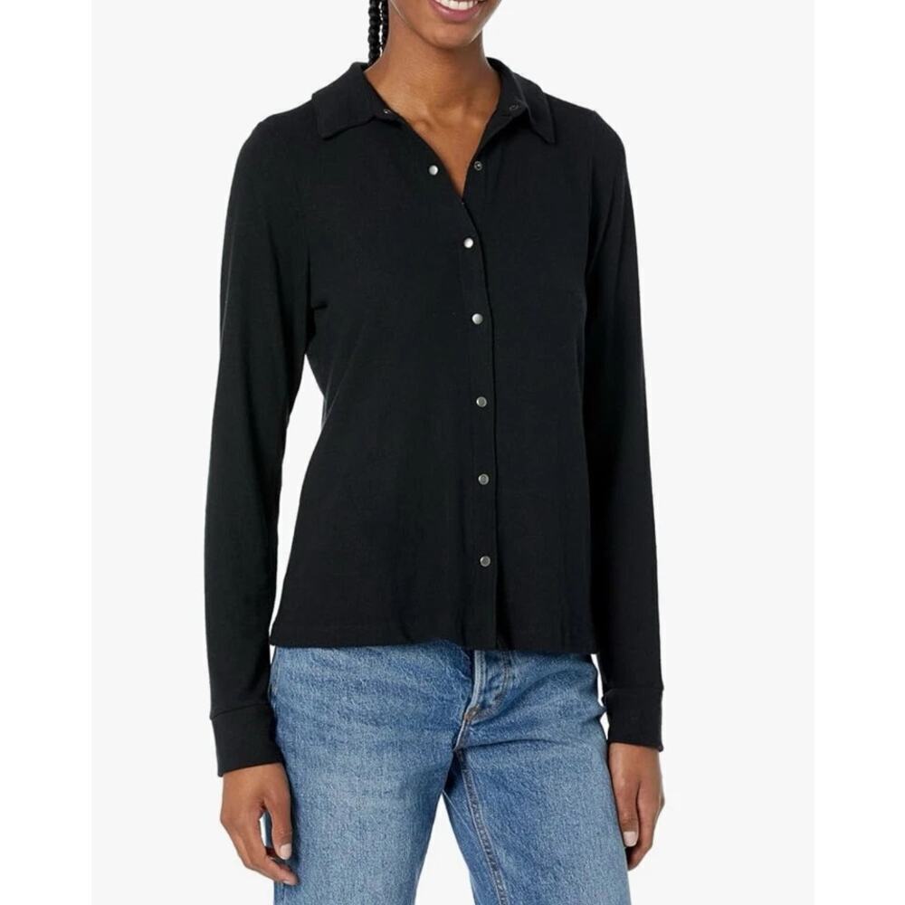 ☀️Michael Stars Helen Button Long Sleeve Woven Shirt Black Women's Petite LP